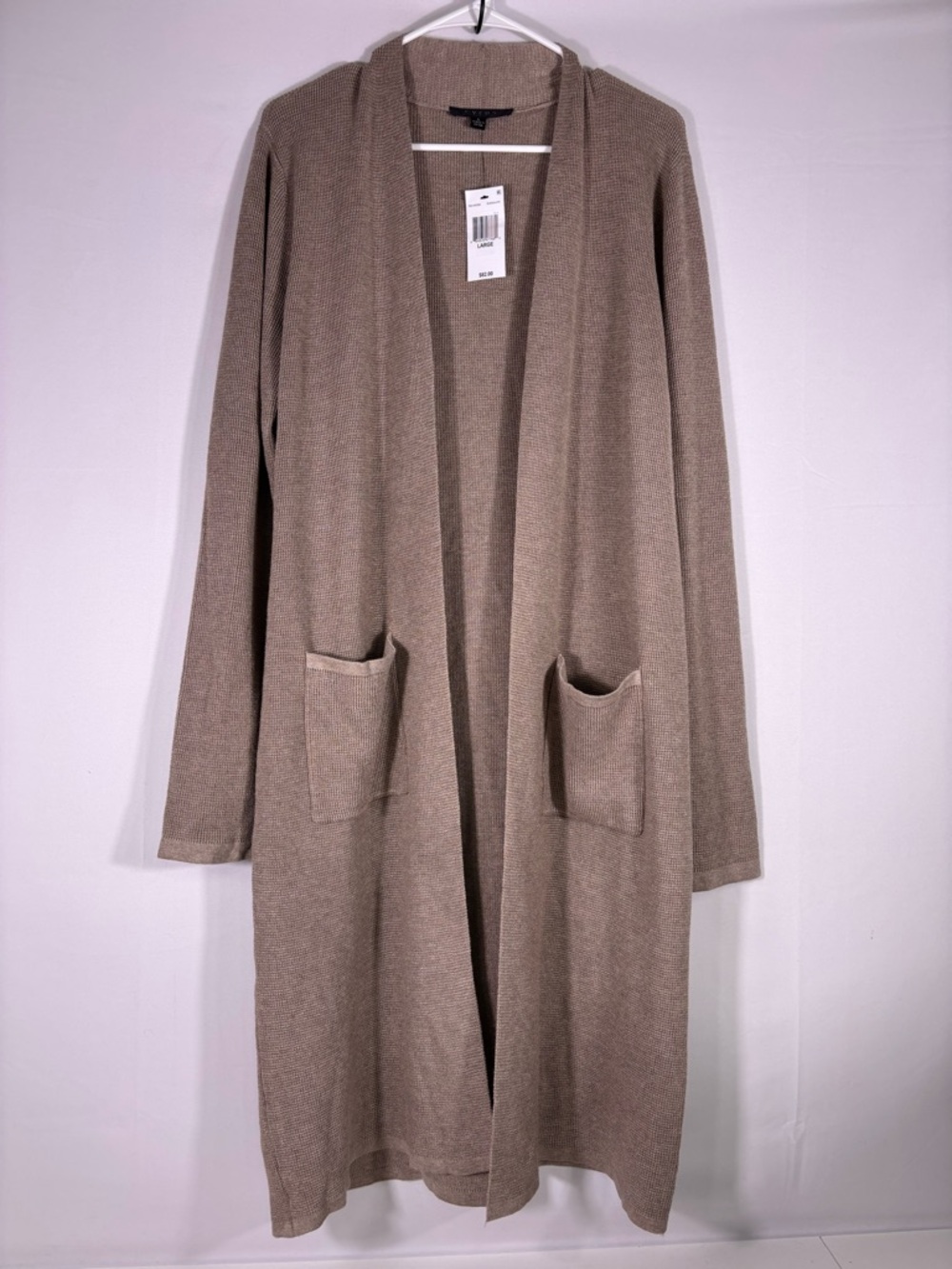 NWT Cyrus Long Open Front Duster Cardigan Taupe Knit Pockets Cozy Layering Large